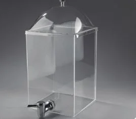 Musluklu Pleksi Kutu – 10 litre olarak sunulan musluklu pleksi kutu, köşeli şeffaf hazne ve alt ön bölümde servis bağlantısıyla görülür